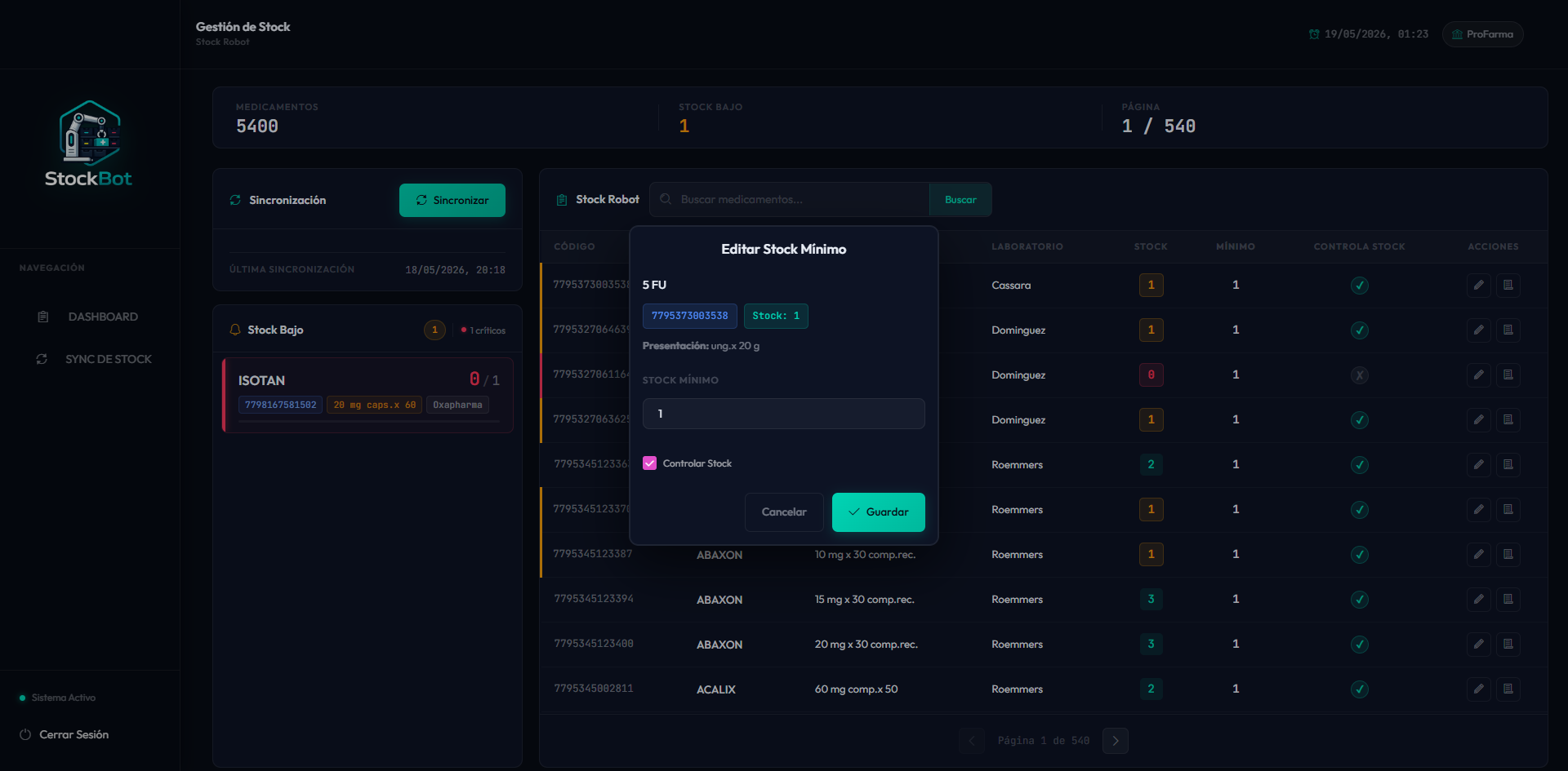 StockBot login screen with branding of the first client ProFarma
