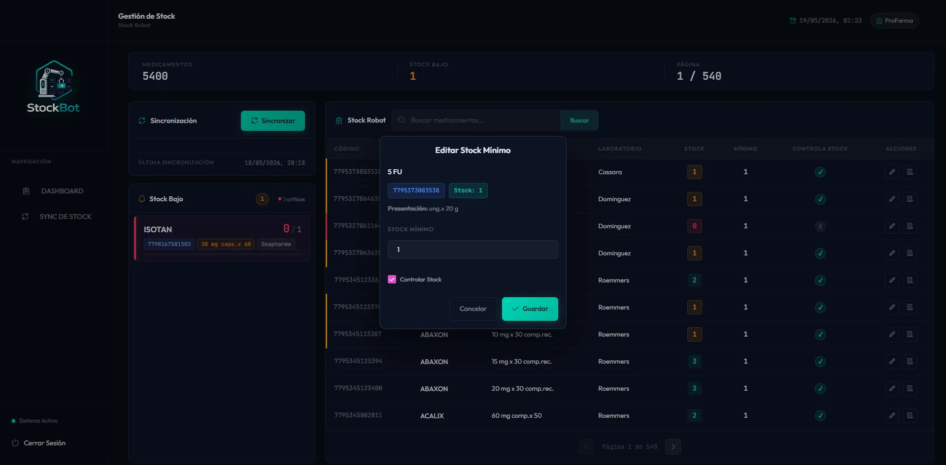 Pantalla de login de StockBot con branding del primer cliente ProFarma